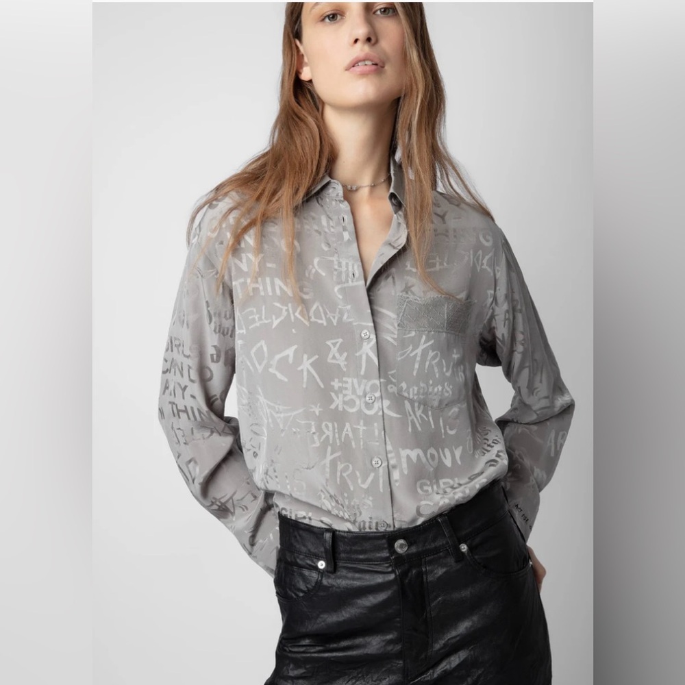 New Beautiful Gray Silk Zadig&Voltaire Button-Up Shirt with Graphic Print